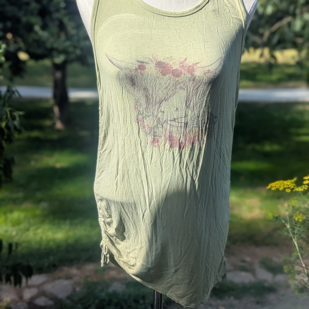 Cyrus Olive Tank Top with Artistic Bull Design